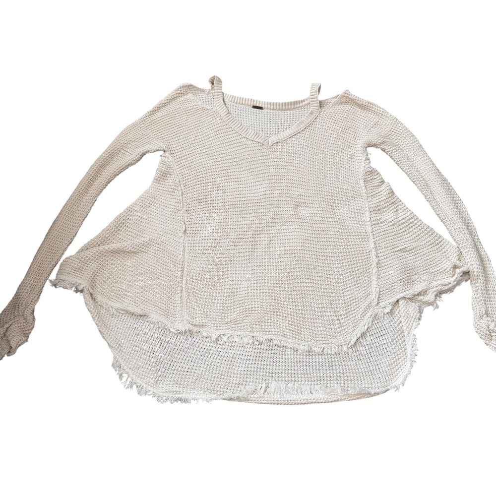 Free People Thermal Top Womens Medium Cream Excellent Boho High Low Frayed Hem